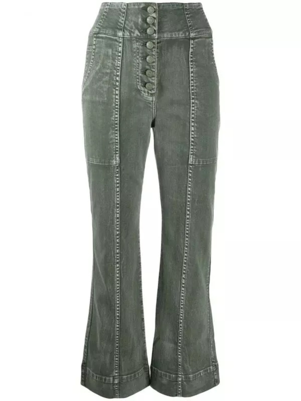 Ulla Johnson Olive Green High-Rise Button-Front Flare Pants